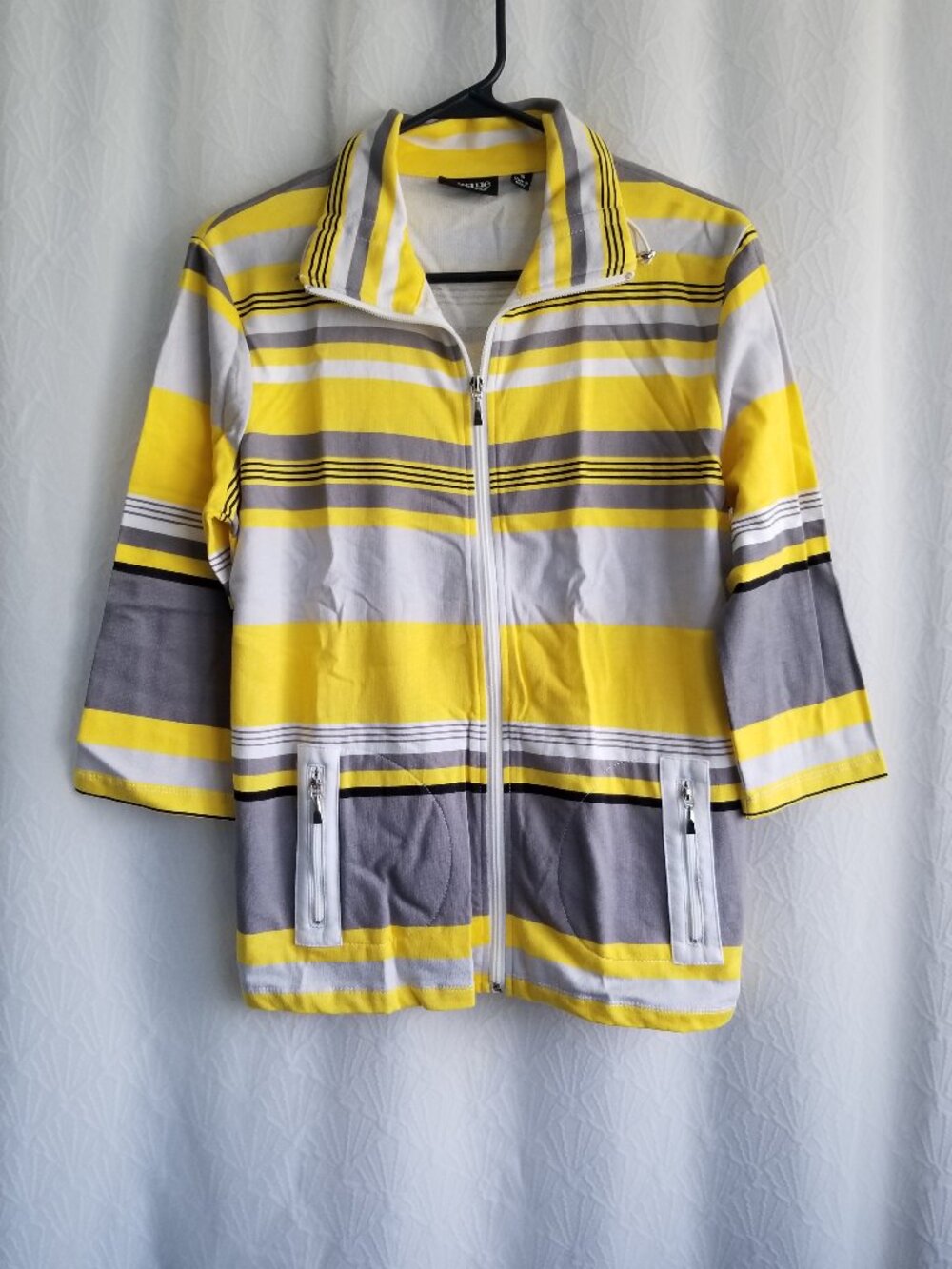 Onque Casuals Full Zip Jacket Yellow Gray white Stripes Small